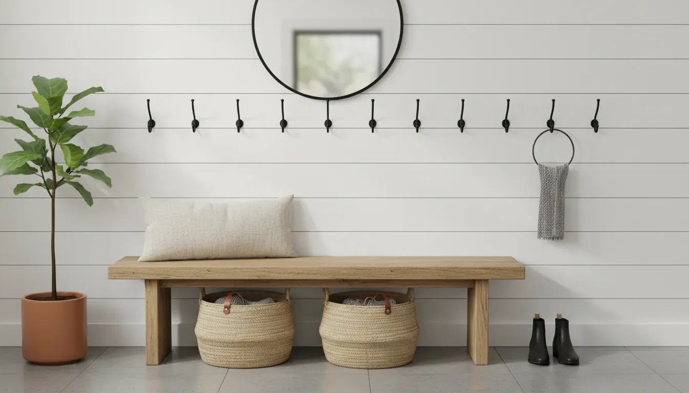 A stylish entryway featuring a row of matte black coat hooks on a shiplap wall with a wooden bench underneath