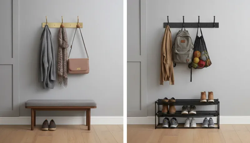 A side-by-side comparison of a decorative brass coat hook and a galvanized steel utility hook mounted on white wainscoting