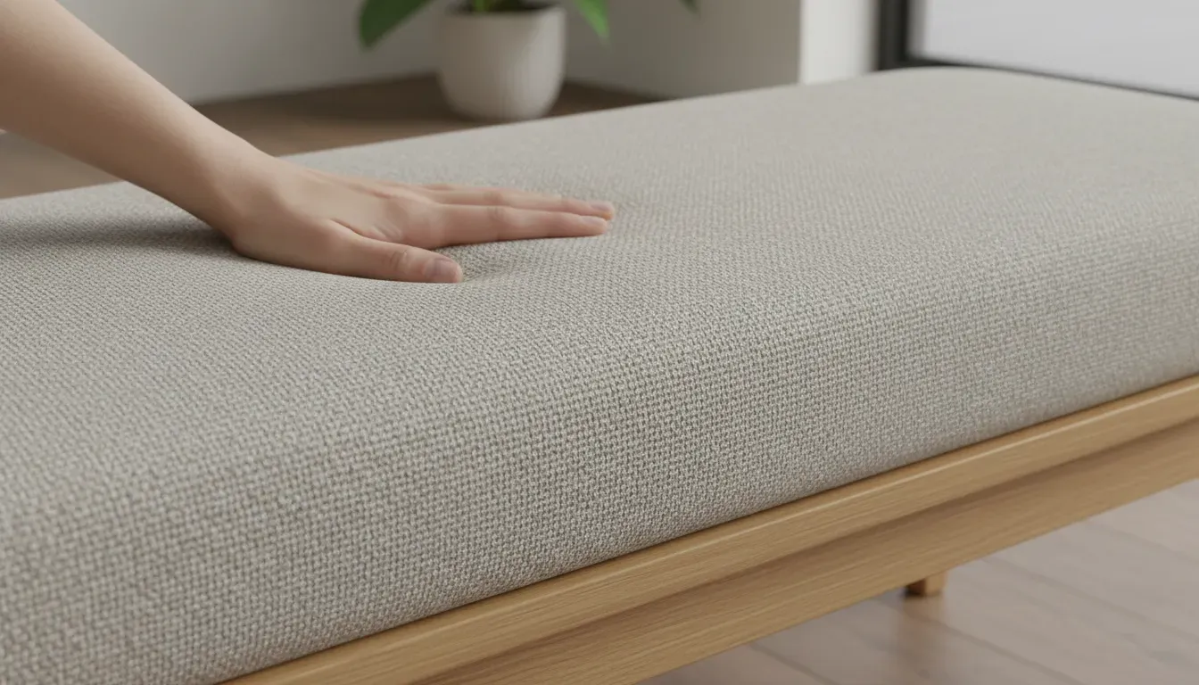Detailed close-up of a cushioned entryway bench showing fabric texture and foam density