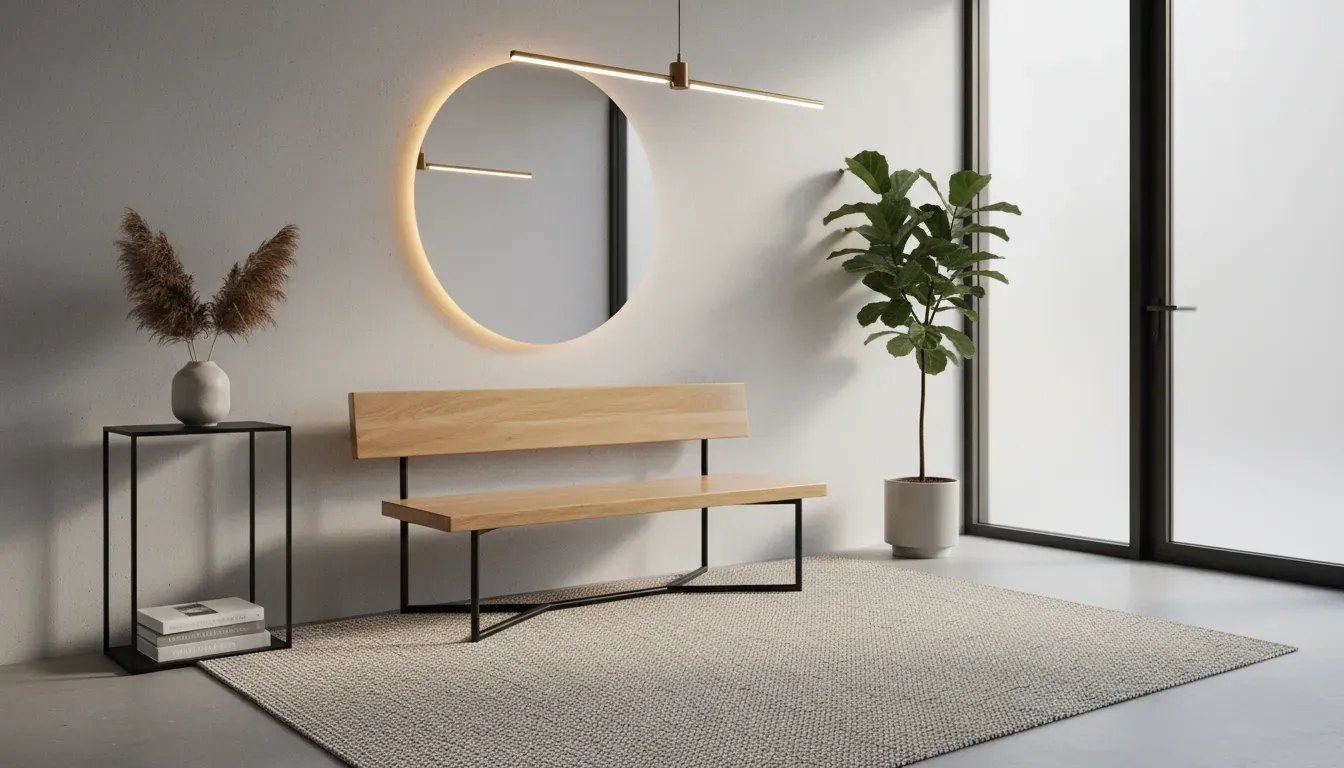 Modern entryway with a mixed material bench featuring wood and metal elements