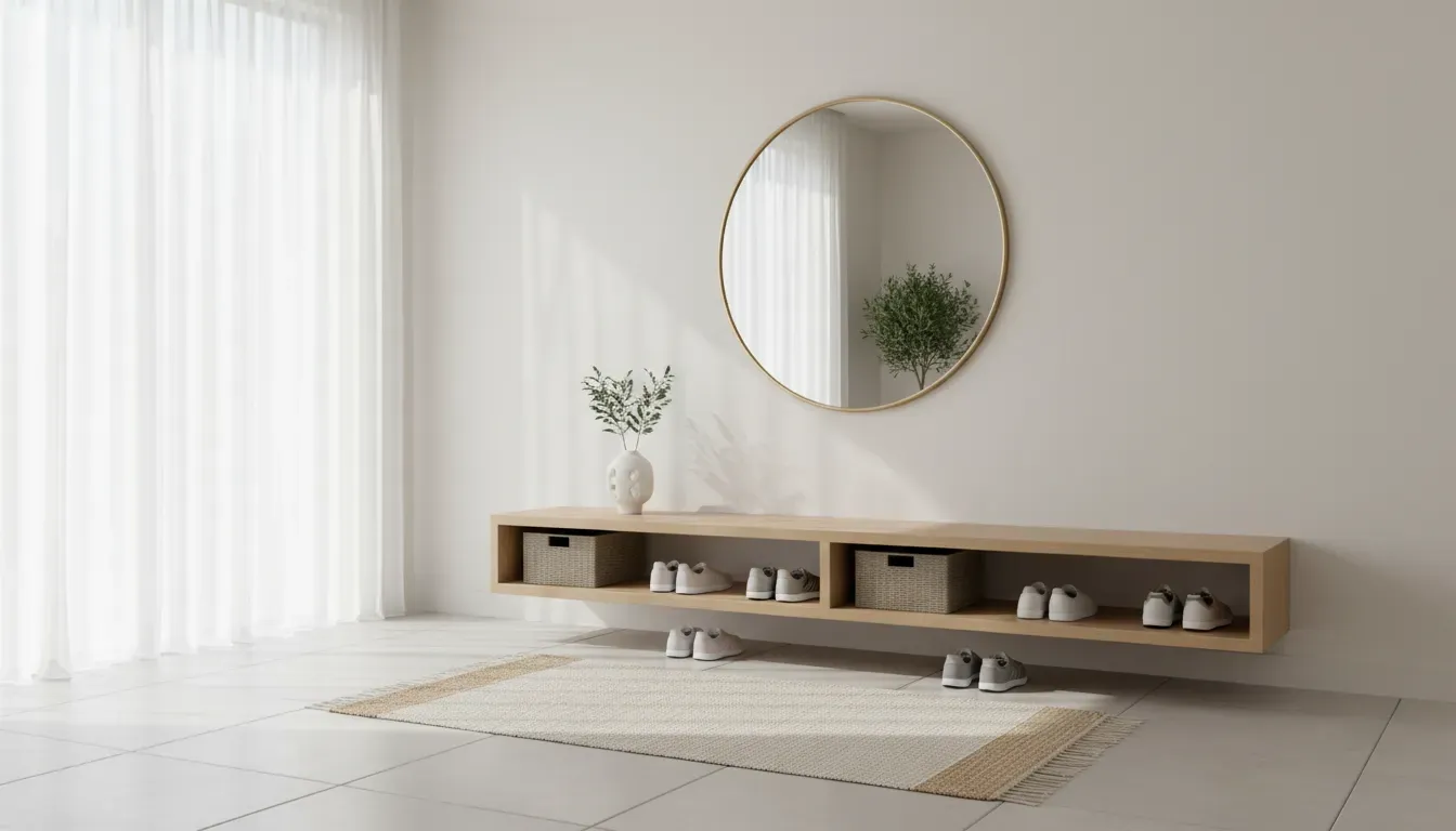 Bright and airy entryway featuring a floating bench with underneath shoe storage