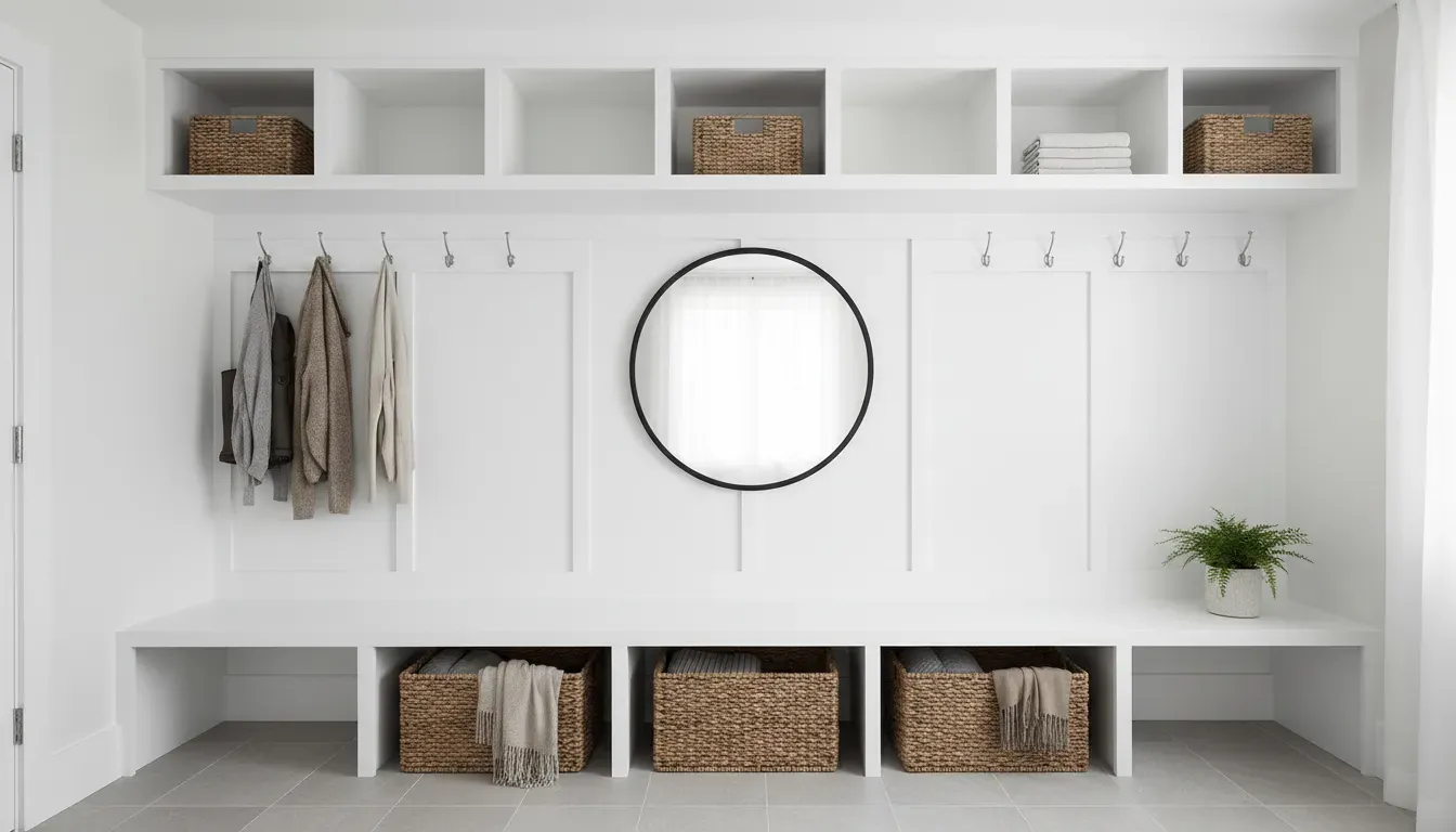 Modern white mudroom bench with built-in cubbies and woven baskets