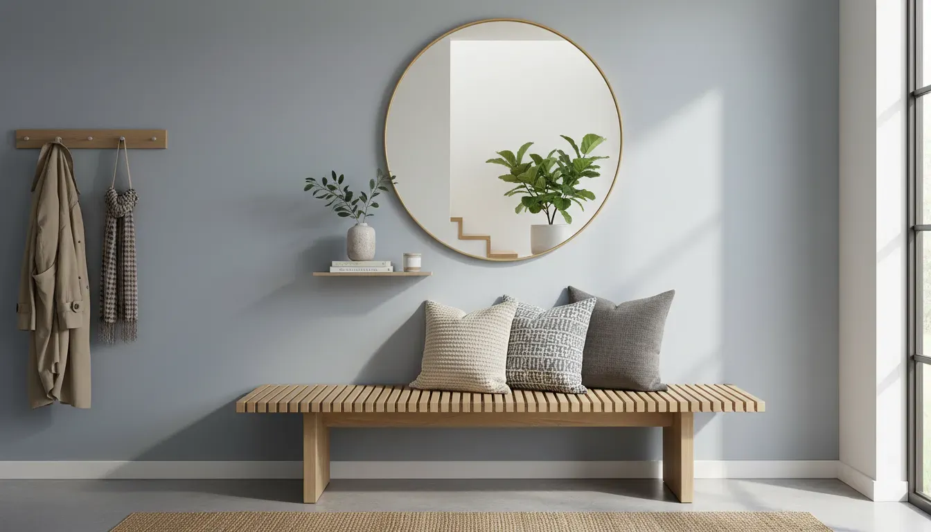 Stylishly decorated entryway bench with pillows and a mirror above