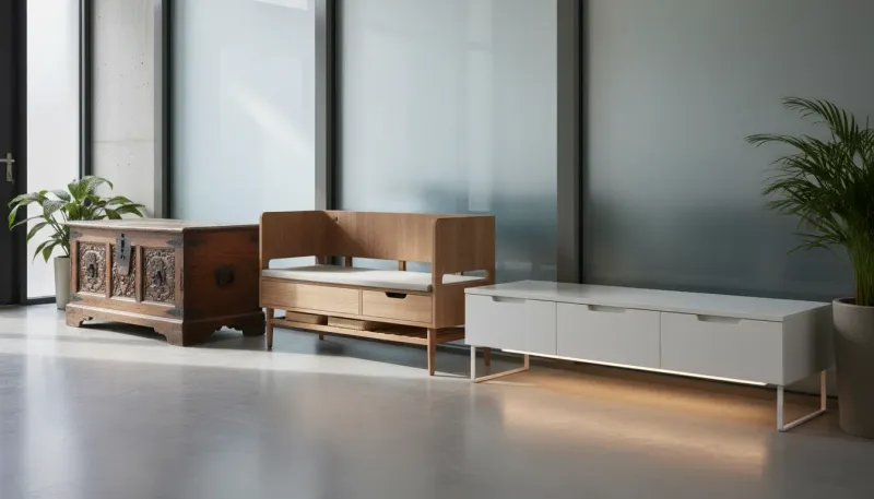 A collage showing a vintage wooden chest alongside a sleek modern entryway bench with shoe storage cubbies