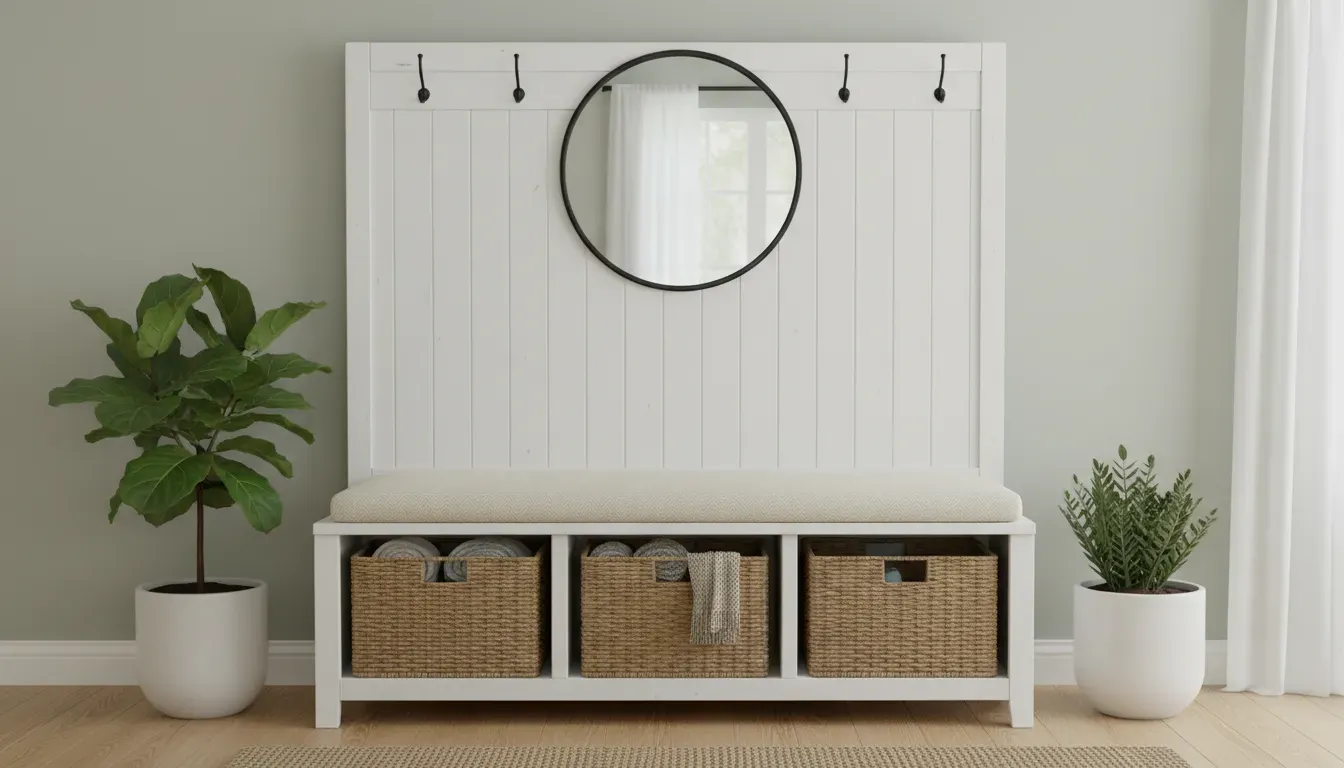 Modern white farmhouse style hall tree with beadboard backing and woven storage baskets