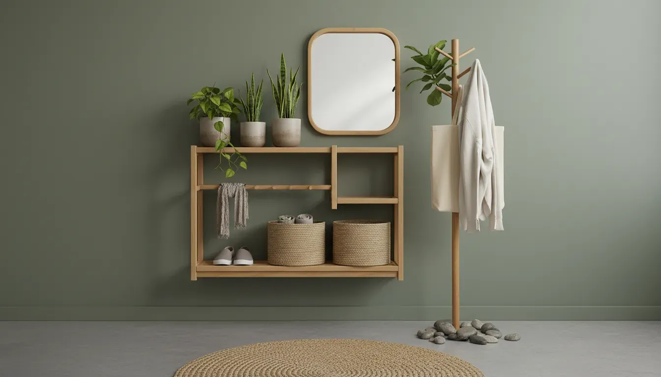 A minimalist bamboo entryway organizer with plants and sustainable design elements