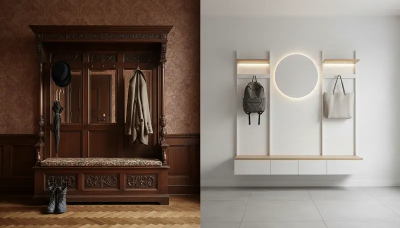 An antique Victorian oak hall tree contrasted with a sleek modern entryway storage bench in a split composition