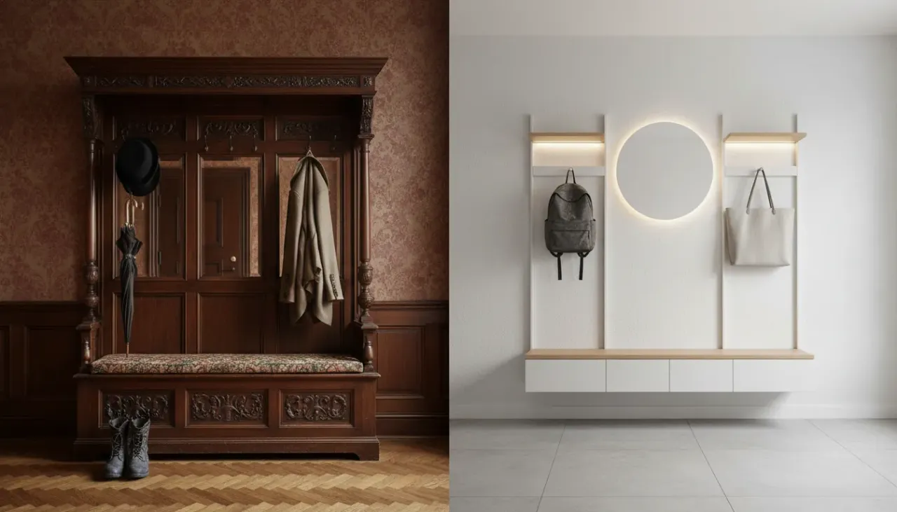 An antique Victorian oak hall tree contrasted with a sleek modern entryway storage bench in a split composition