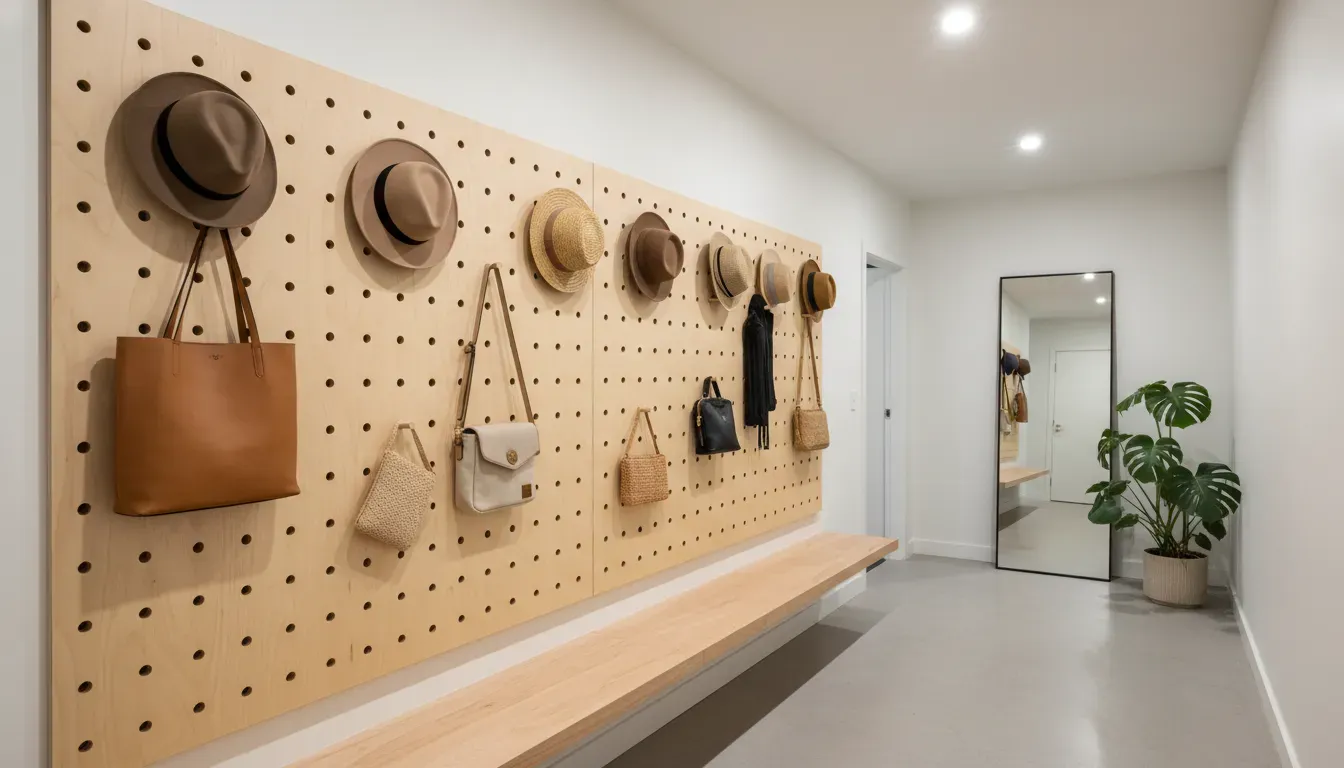 A stylish wooden pegboard wall system in a narrow corridor holding hats and bags