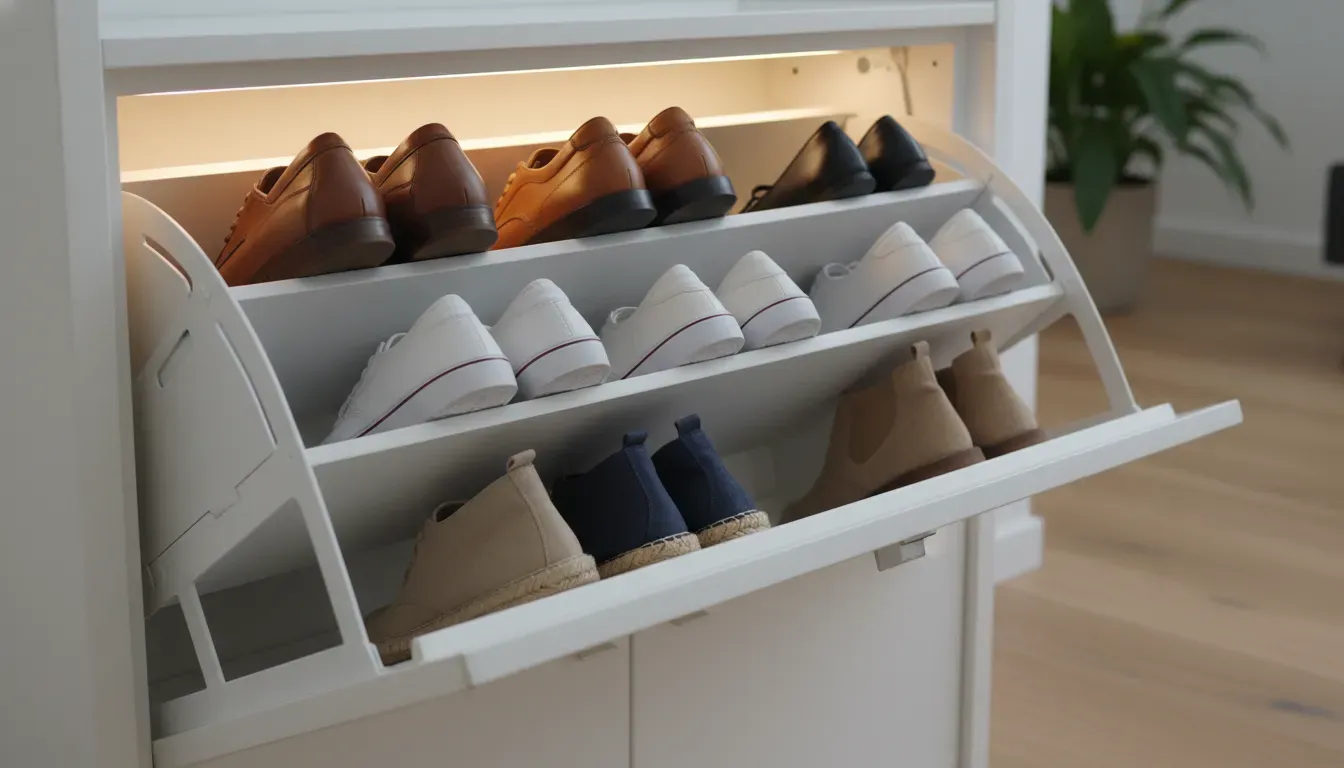Detail shot of the interior of a tipping shoe cabinet showing organized footwear