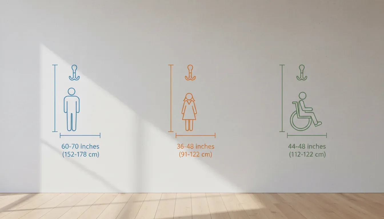 Diagram showing various height measurements for adult, child, and accessible hook placement on a wall
