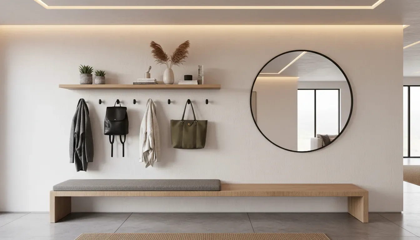 A stylish modern entryway with a bench, shelf, and perfectly spaced hooks holding coats and bags