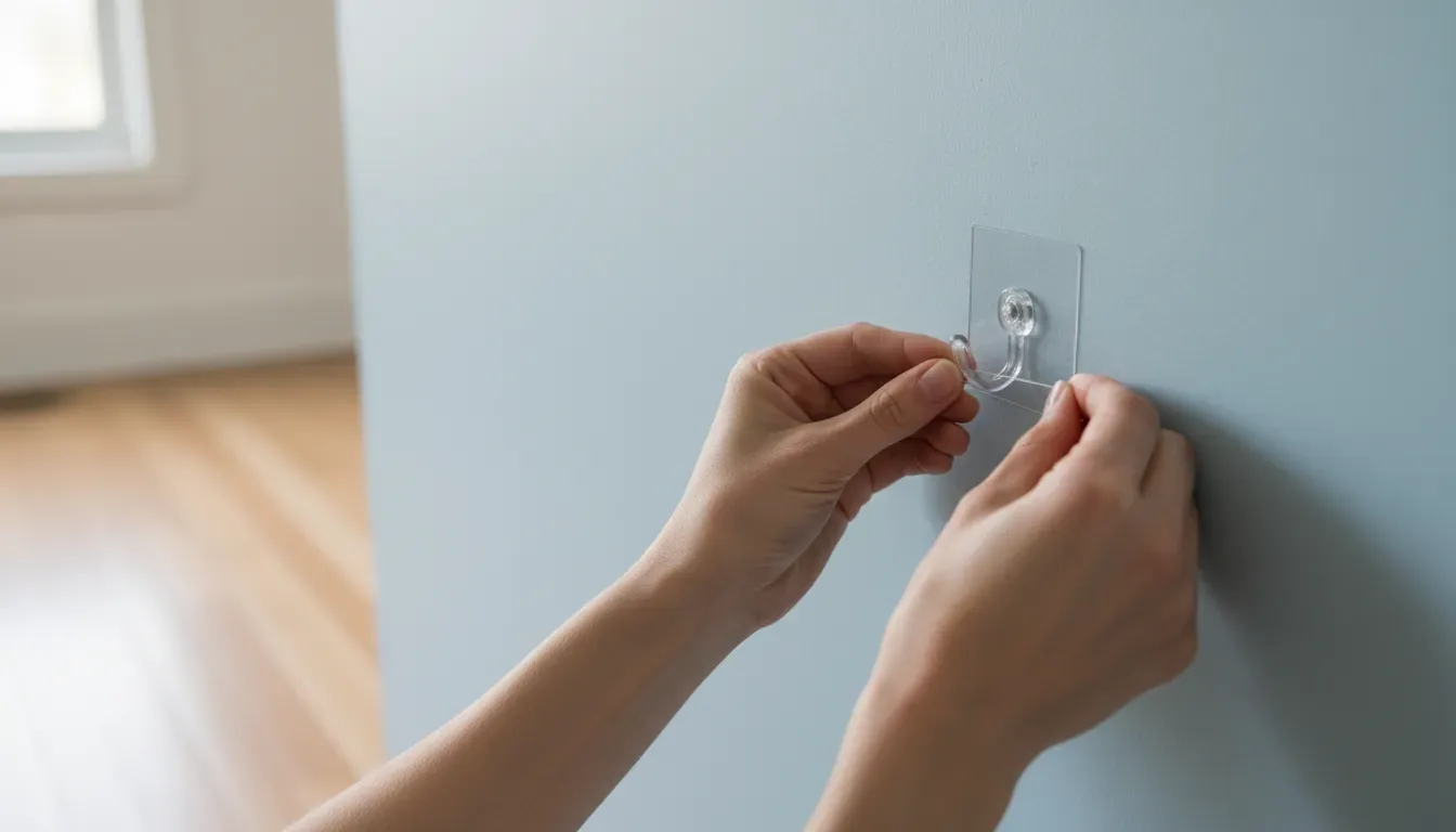 A pair of hands using dental floss to safely remove an adhesive hook from a painted wall