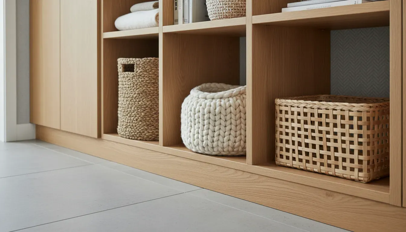 A detailed close-up of storage baskets and textures in a hallway unit