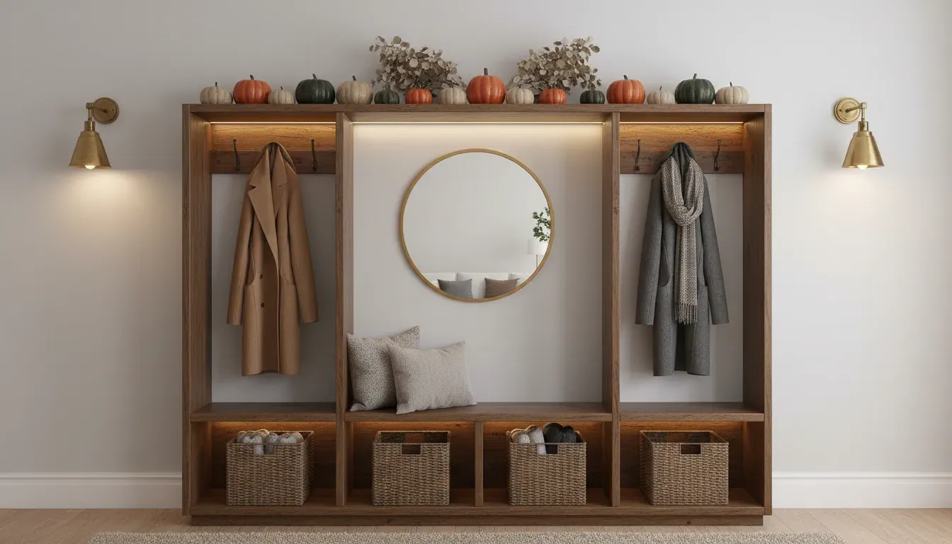 Beautifully styled hall tree with seasonal decor and functional lighting