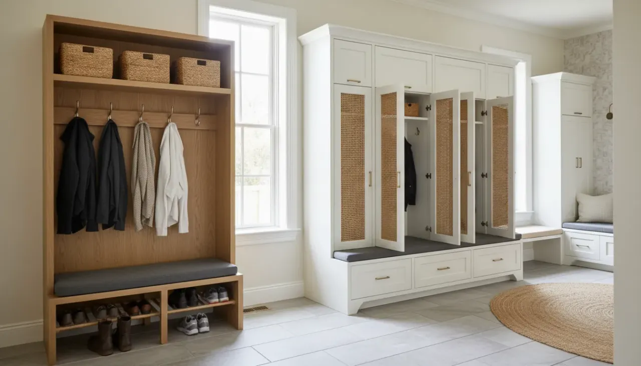 A stylish, modern farmhouse mudroom featuring a white hall tree with built-in bench storage and organized cubbies.