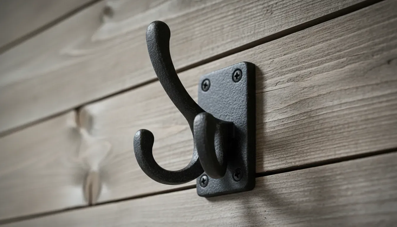 Detailed close-up of a heavy-duty cast iron double hook installed on a rustic wooden shiplap wall