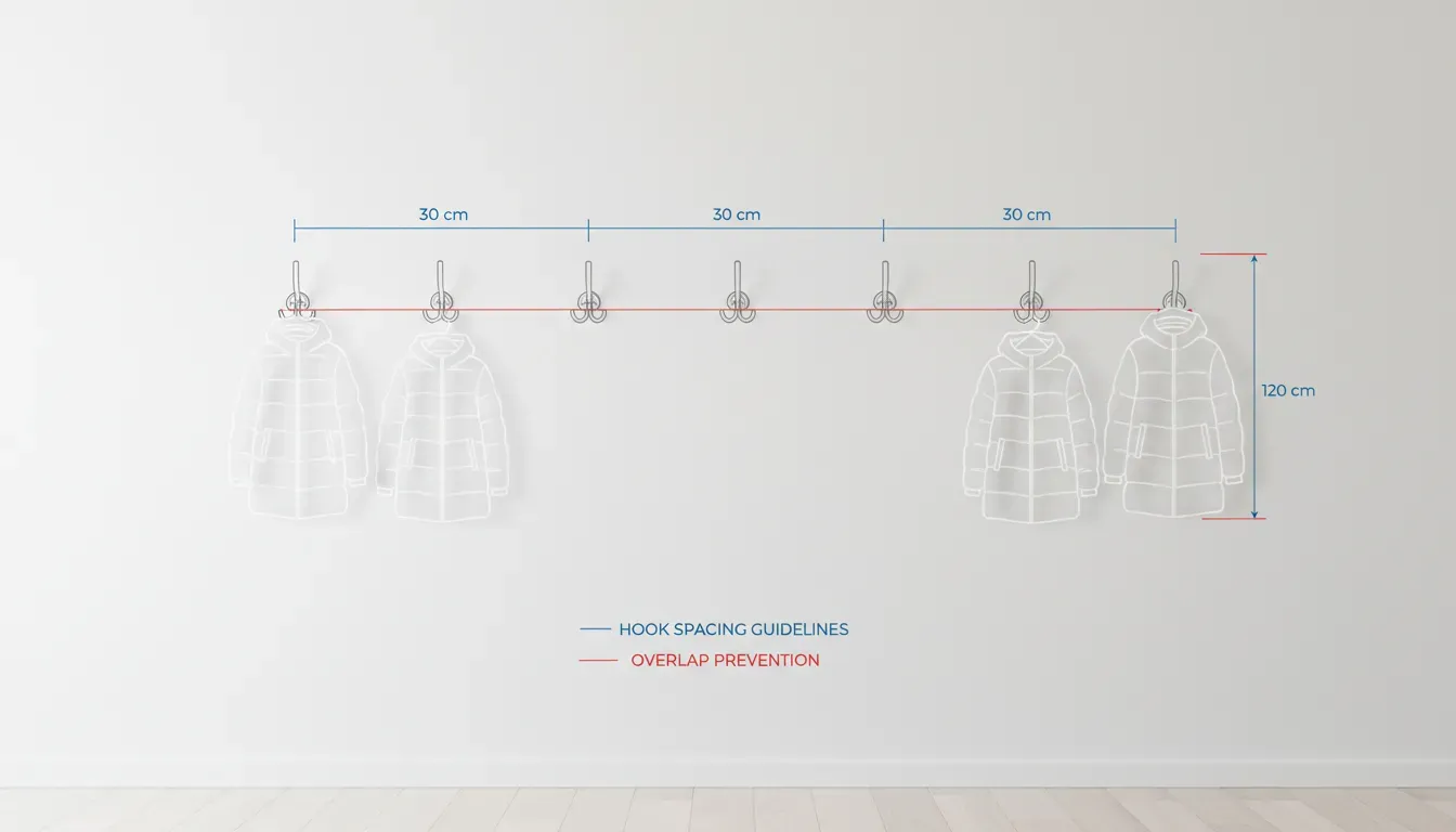 A diagram illustrating proper hook spacing dimensions on a white wall with ghosted outlines of winter coats showing overlap prevention