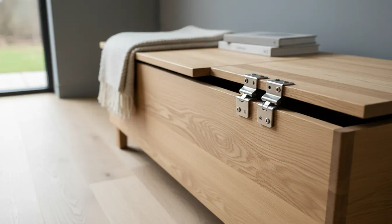 A detailed close up of a wooden flip top bench with safety hinges