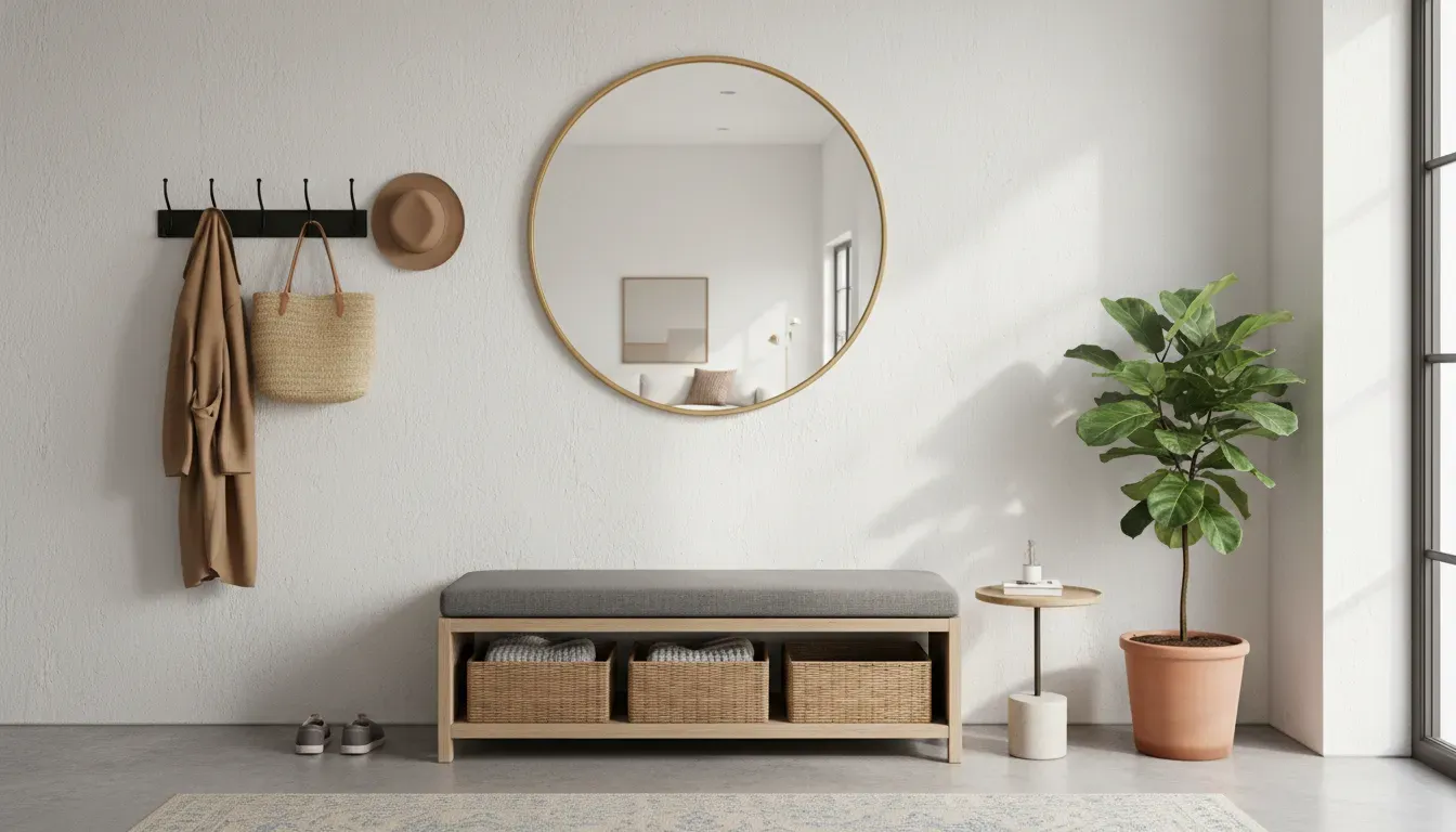 A stylish entryway featuring a storage bench beneath a large round mirror and wall hooks