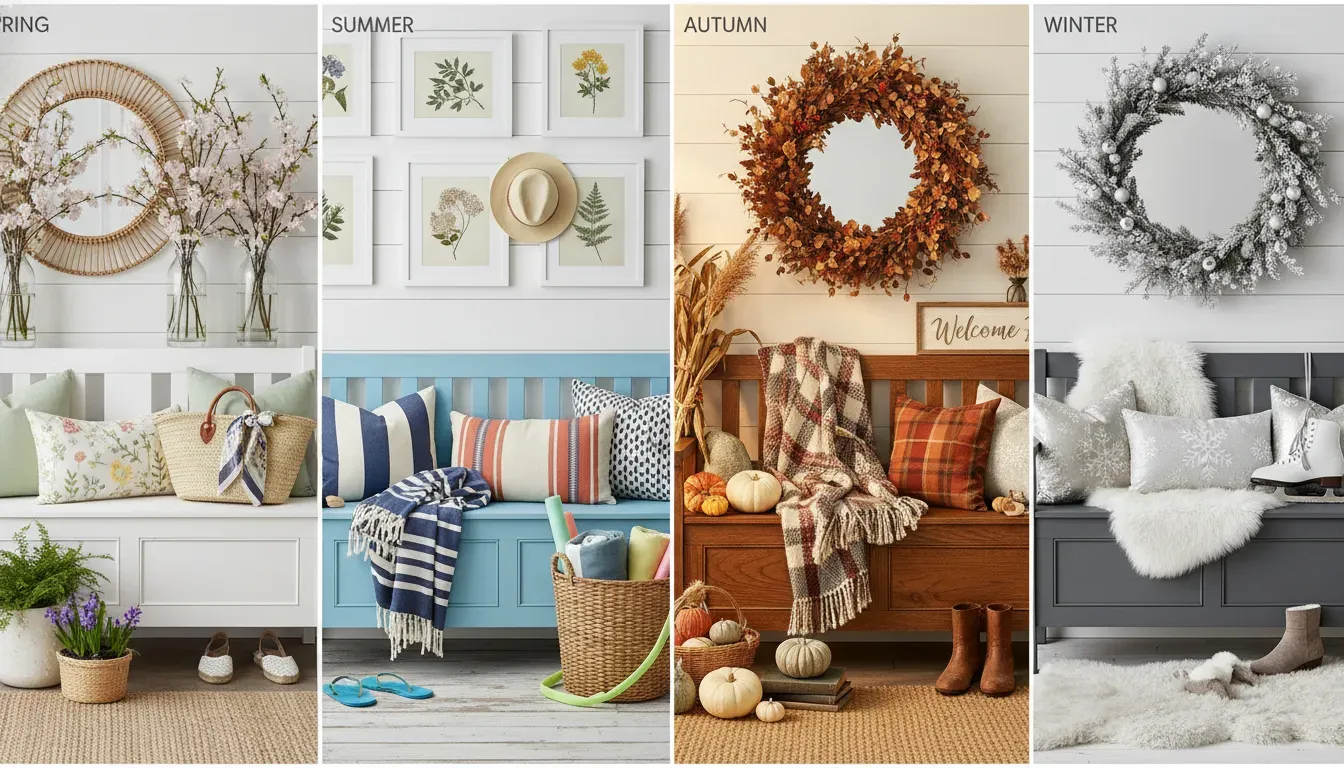 A collage of seasonal entryway bench decorations for spring summer autumn and winter