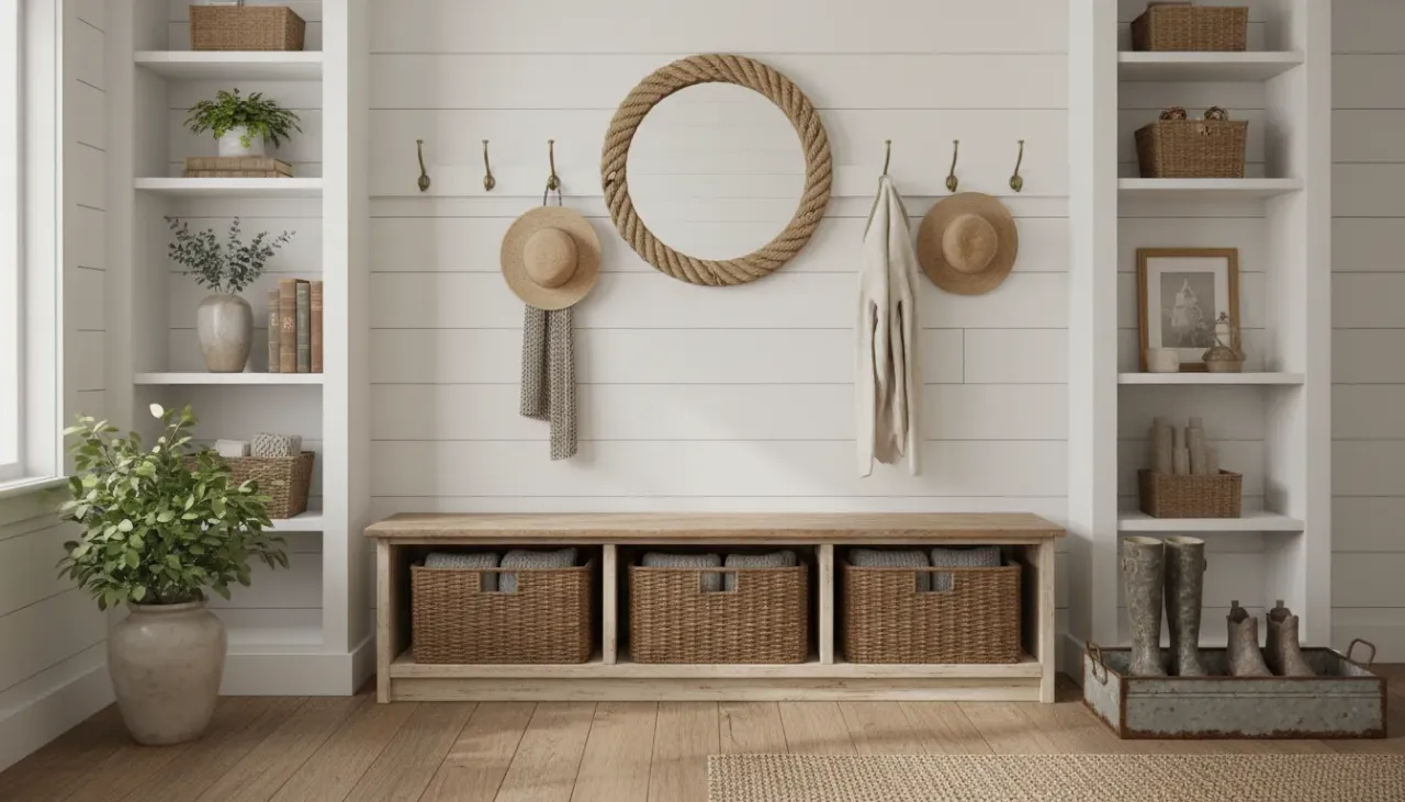 A rustic wooden farmhouse entryway bench with storage baskets sitting in a sunlit foyer