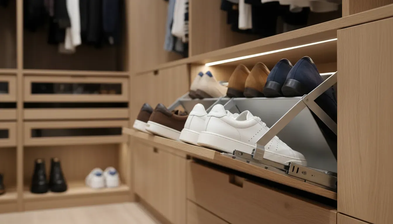Close up of a tilt-out shoe drawer mechanism showing vertical shoe storage