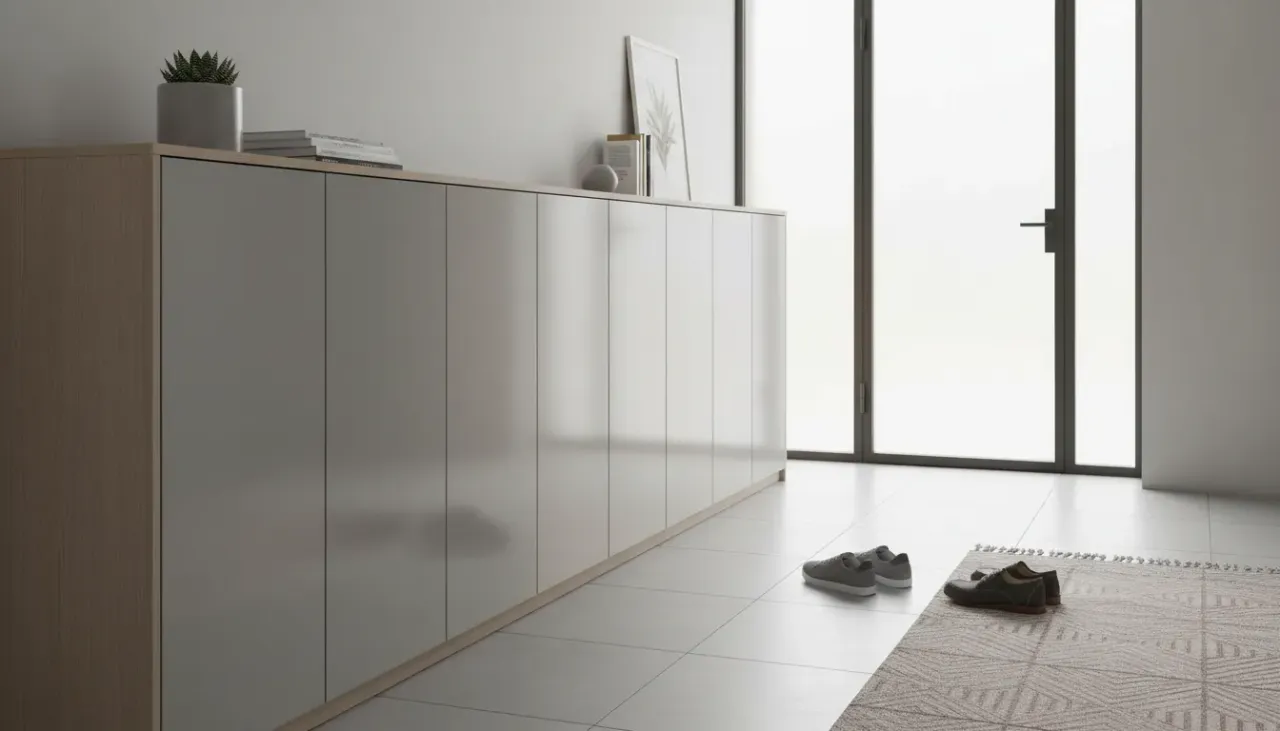 A pristine, modern hallway featuring a white slim shoe cabinet styled with a round mirror and a vase of dried flowers