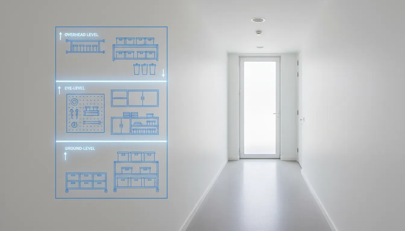 A diagram illustrating the three zones of vertical storage: overhead, eye-level, and ground-level within a narrow hallway.