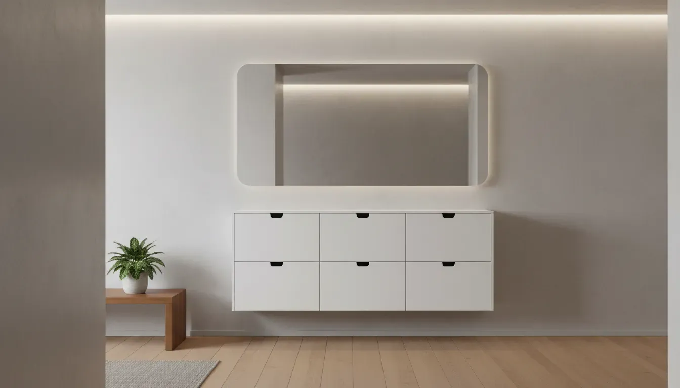 A slim, wall-mounted tipping shoe cabinet in a modern apartment hallway with a mirror above it.