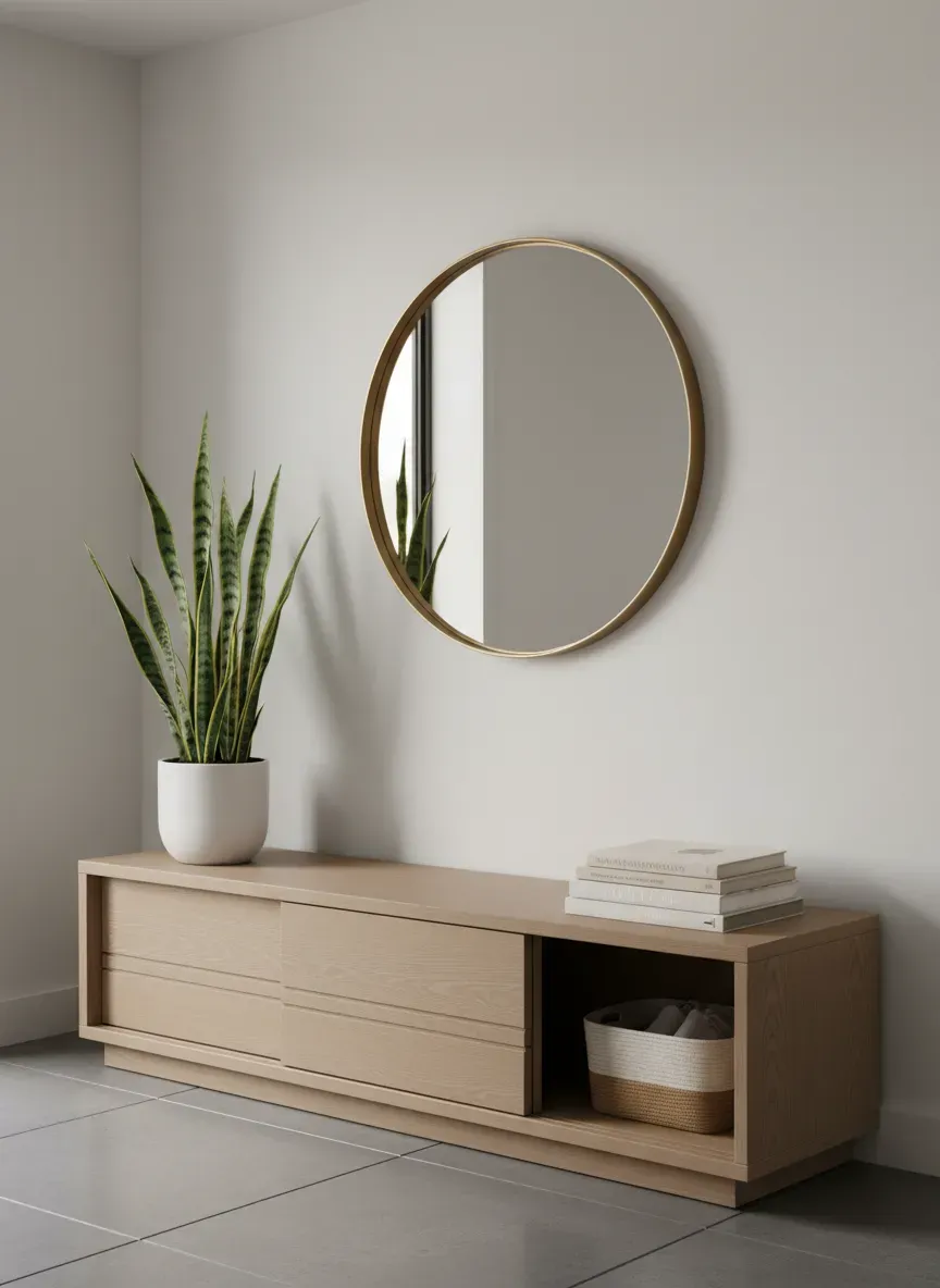 A styled entryway featuring a cabinet bench with sliding doors, a round mirror, and a snake plant
