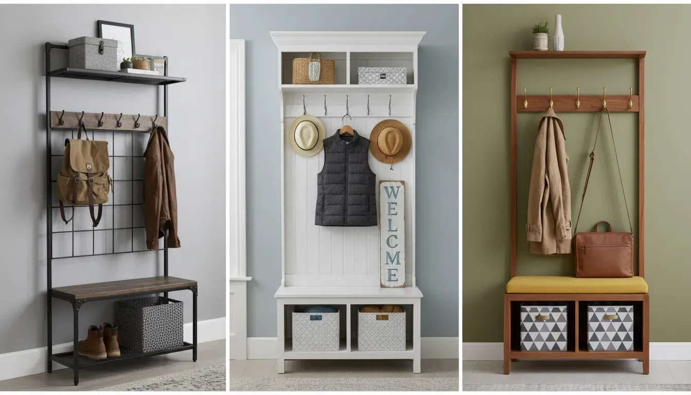 A split screen comparison showing three different affordable hall tree styles: industrial metal, white farmhouse wood, and mid-century modern, highlighting the variety available at budget retailers.