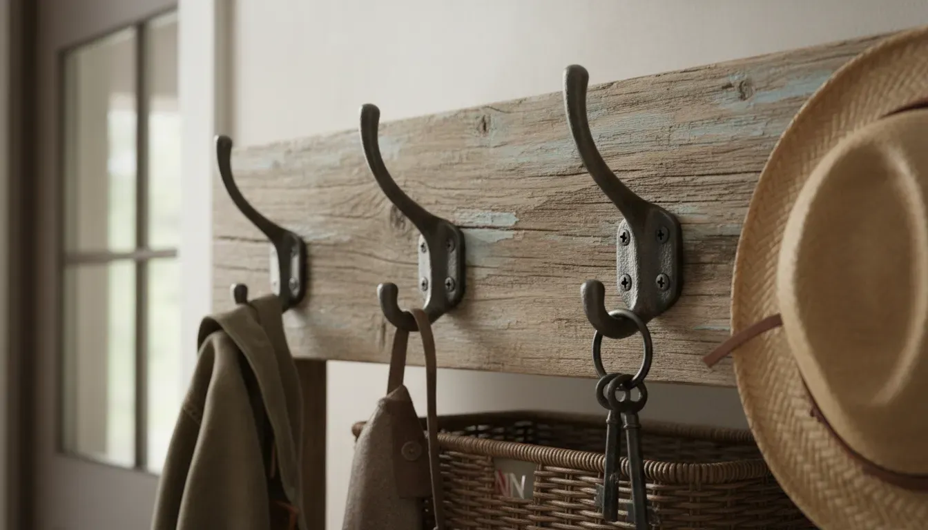Close-up detail shot of high-quality metal hooks on a rustic wood backing, illustrating what durable hardware looks like on a budget hall tree.