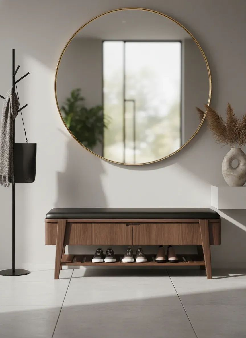 A beautifully styled 2026 entryway featuring a walnut shoe bench with sleek leather upholstery and hidden compartments