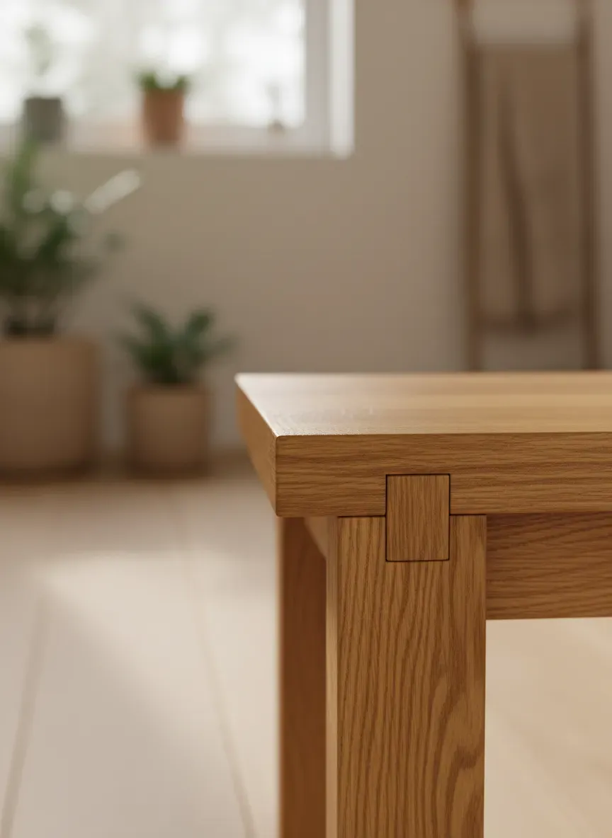 Close-up of premium mortise and tenon joinery on a solid oak entryway shoe bench showing high-quality craftsmanship