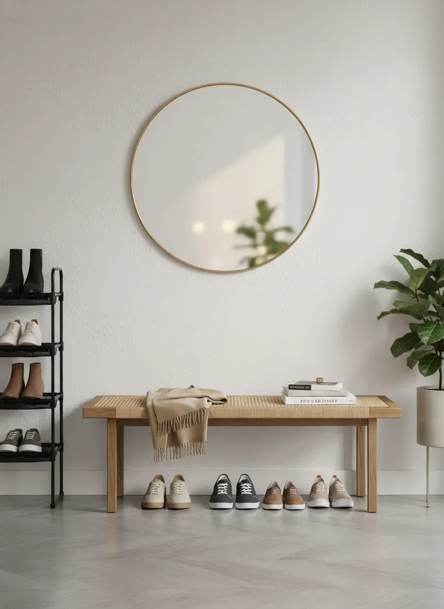 A light-filled entryway with a wooden storage bench, cushioned seat, and neatly arranged shoes underneath