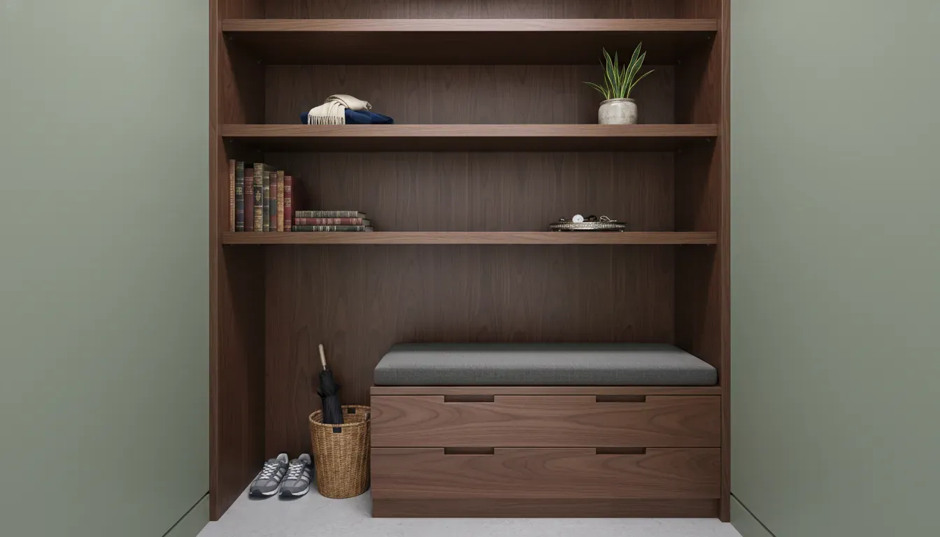 Elegant wood shelving system in a small entryway closet