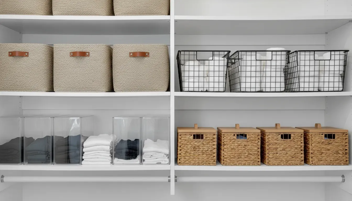 Organized bins and baskets on upper closet shelves