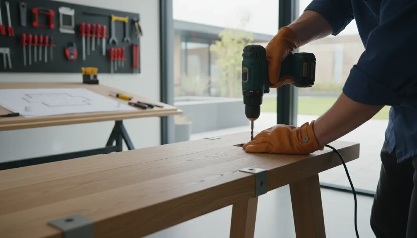Close up of a person tightening screws on a wooden entryway bench