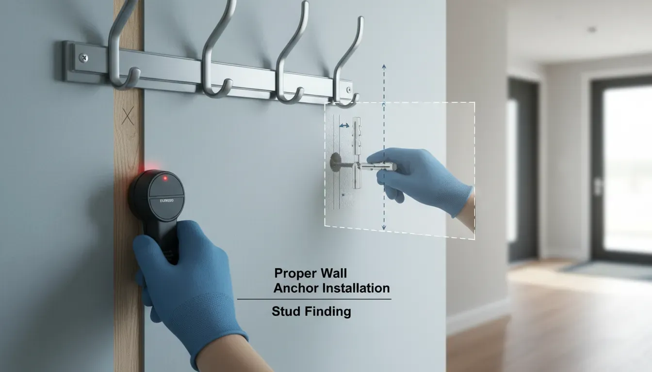 Diagram showing proper wall anchor installation and stud finding for heavy coat racks