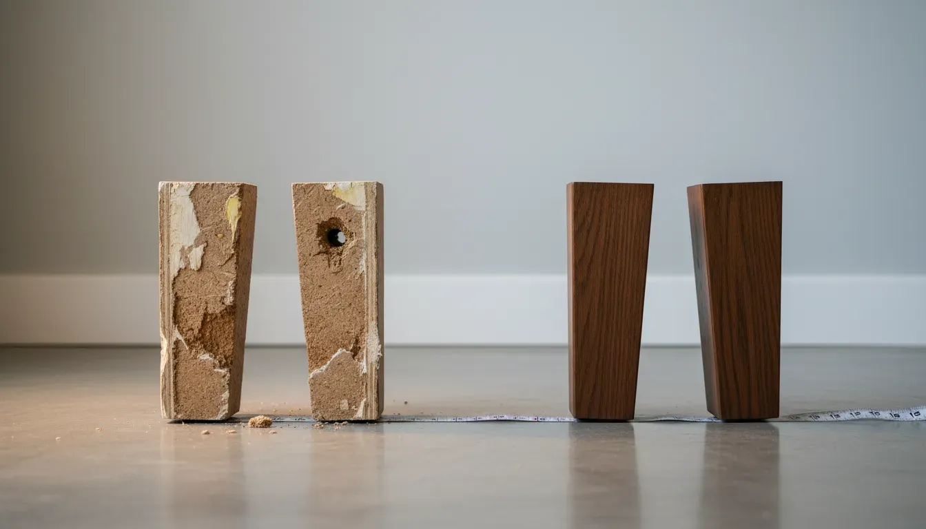 Comparison of damaged particle board versus solid wood furniture legs