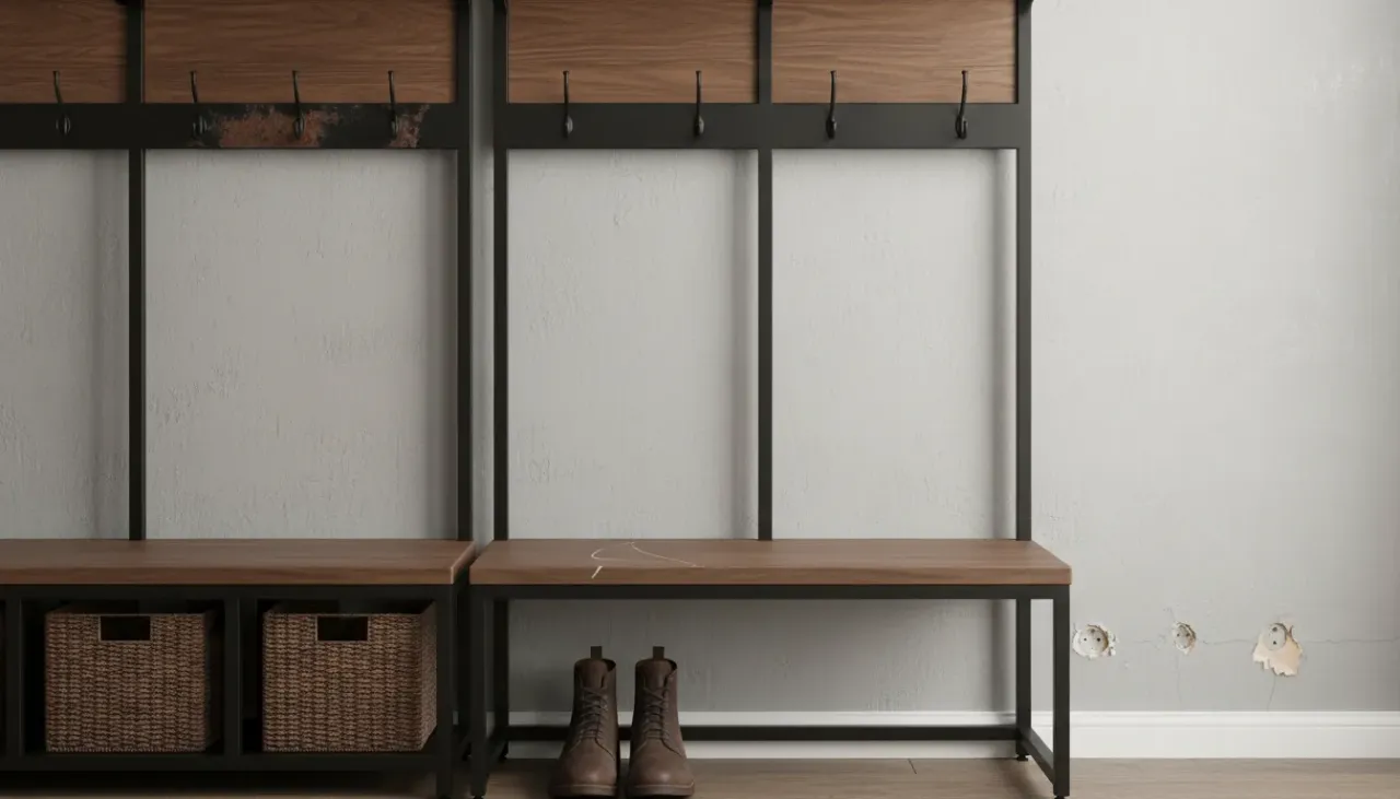 A well-maintained entryway hall tree with metal hooks and a wooden bench in a modern foyer