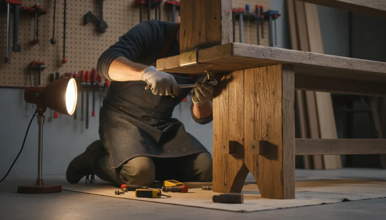 A close-up photograph of a person inspecting the metal corner brackets and bolts underneath a wooden hall tree bench with a wrench.