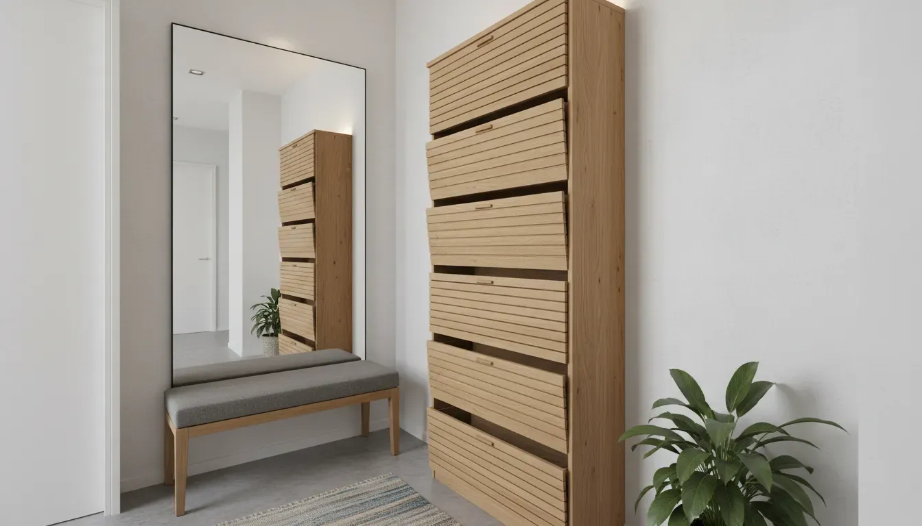 Tall vertical shoe storage cabinet in a narrow hallway