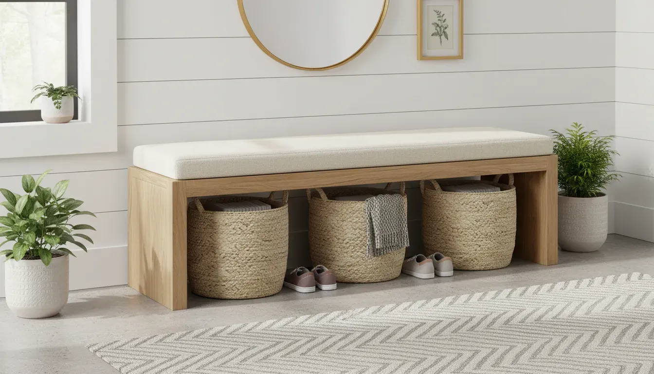 Entryway bench with open storage baskets underneath