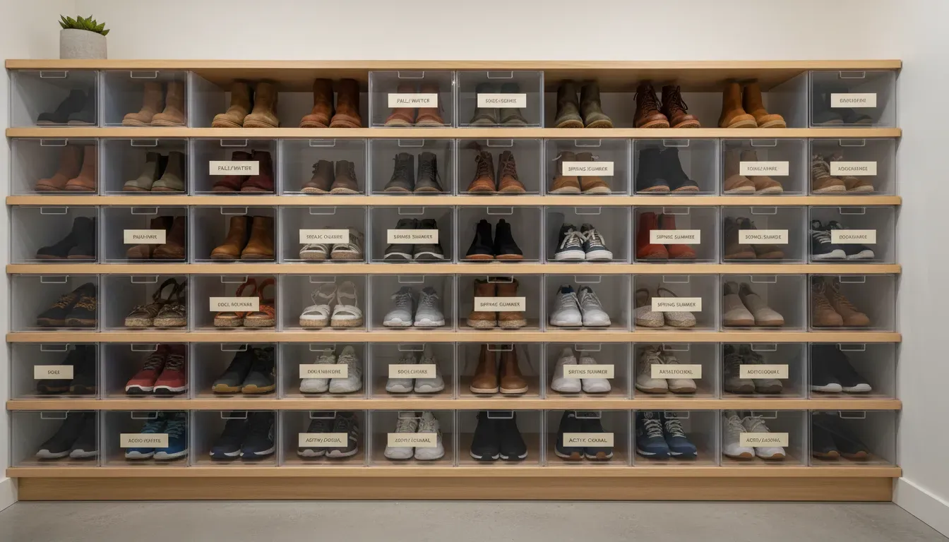 Seasonal shoe rotation with labeled bins and clean organization