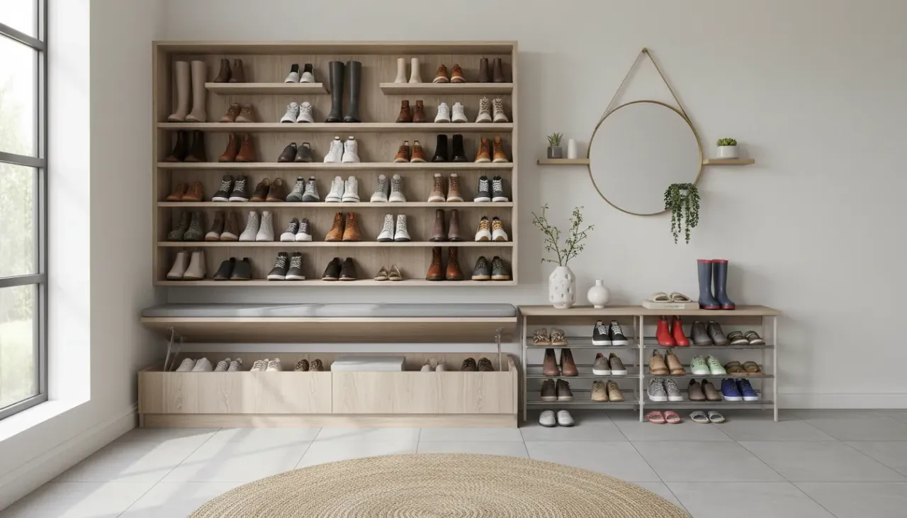 A pristine, well-organized entryway featuring a modern shoe cabinet and a storage bench against a neutral wall.