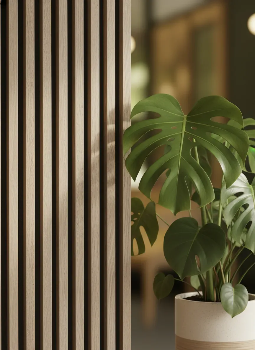 Close up of an acoustic white oak slat wall contrasting with the vibrant green leaves of a Monstera Deliciosa