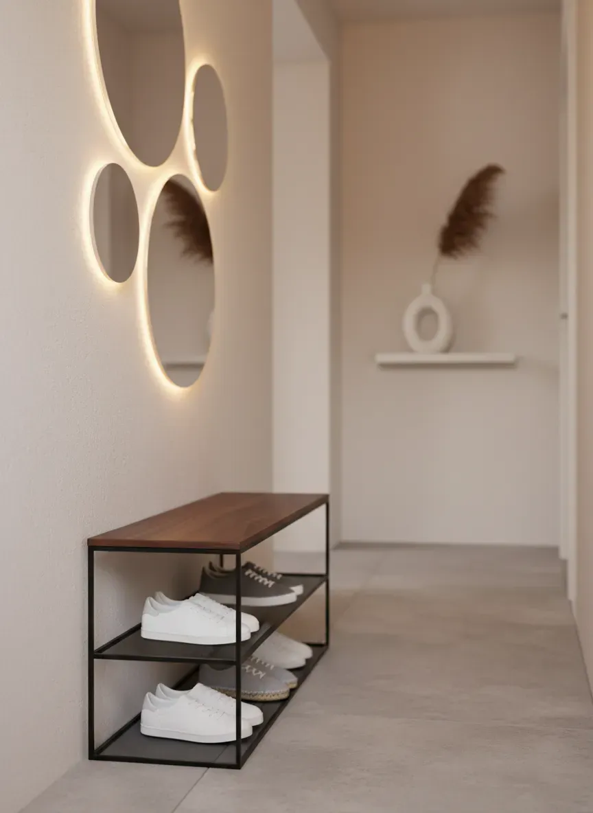 A sleek, ultra-slim shoe bench in a narrow hallway with minimalist decor