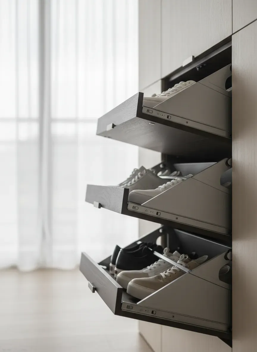Detailed shot of a flip-drawer shoe mechanism showing vertical storage